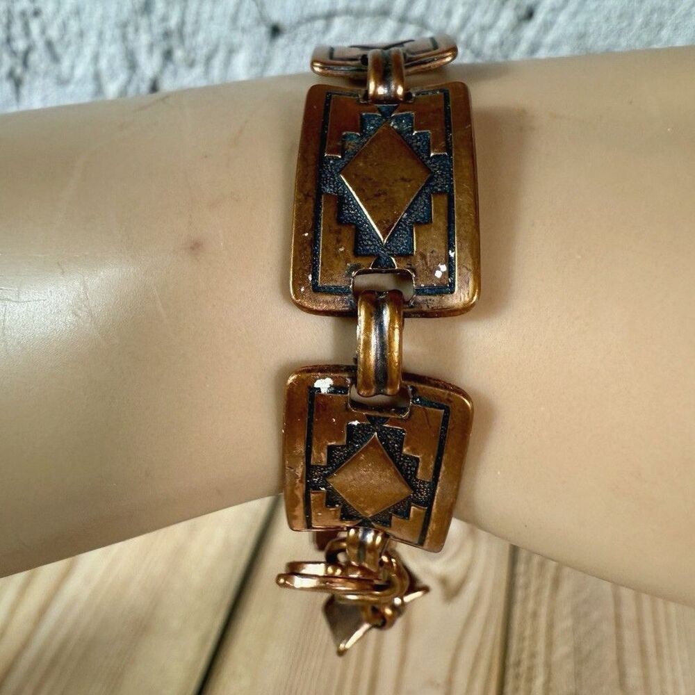 Vintage Southwestern Native American Copper Tribal Panel Link Bracelet - Picture 2 of 9